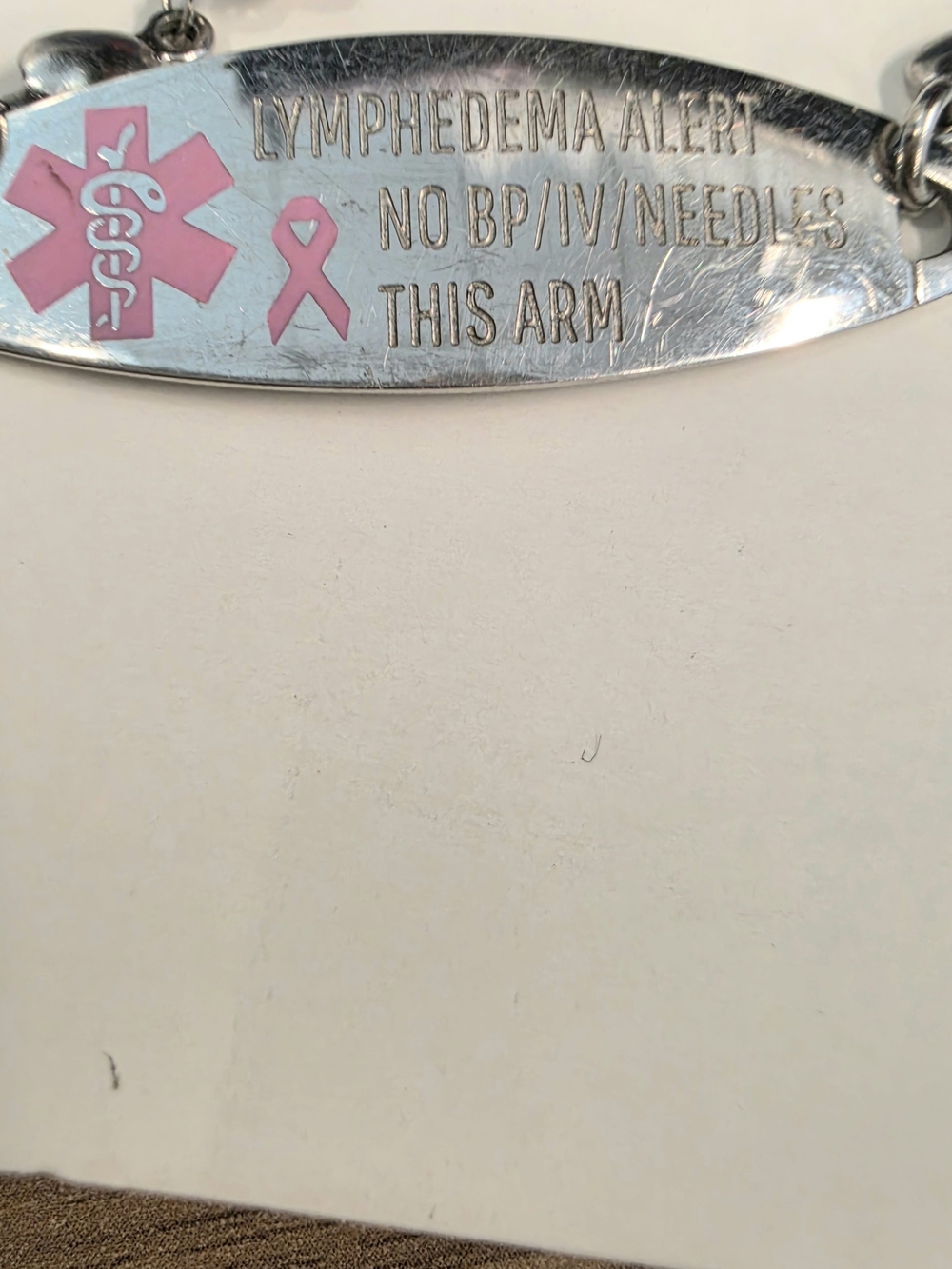 Lymphedema Medical Alert Bracelet with Pink Ribbon - Silver-tone Size 8.25" - Picture 7 of 7